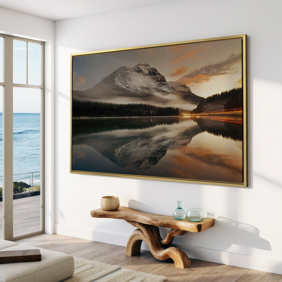 Canvas Print of a serene mountain landscape with a lake reflection. Warm, earthy tones create a calming, natural aesthetic. Perfect wall art!