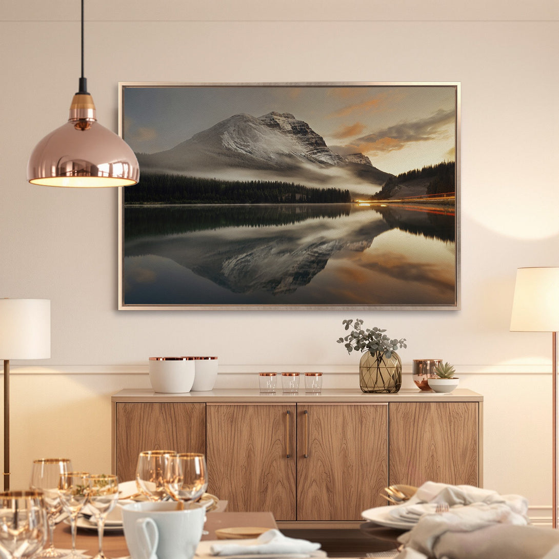 Framed Wall Art: Mountain landscape Canvas Print with serene lake reflection. Warm, neutral color palette perfect for home decor.