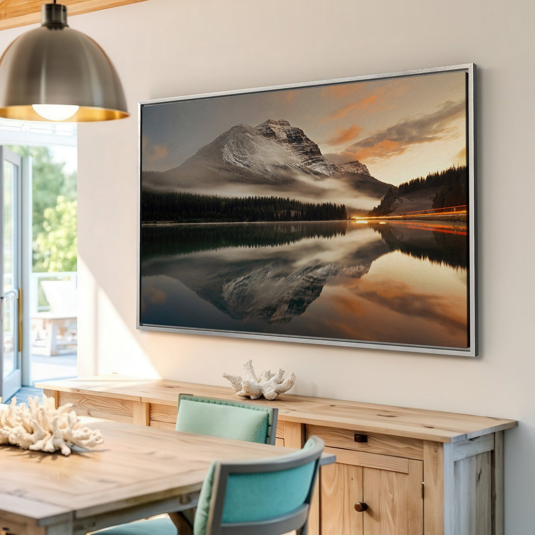 Framed Wall Art featuring a mountain landscape with lake reflection, warm sunset colors. Enhance your home decor with this stunning canvas print!