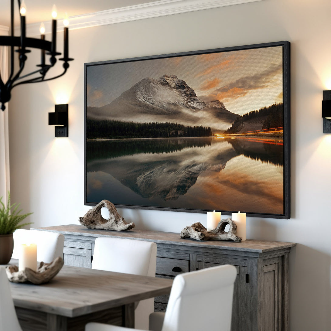 Framed Wall Art featuring a serene mountain lake landscape in warm, earthy tones. Perfect for adding a touch of nature and tranquility to your home.