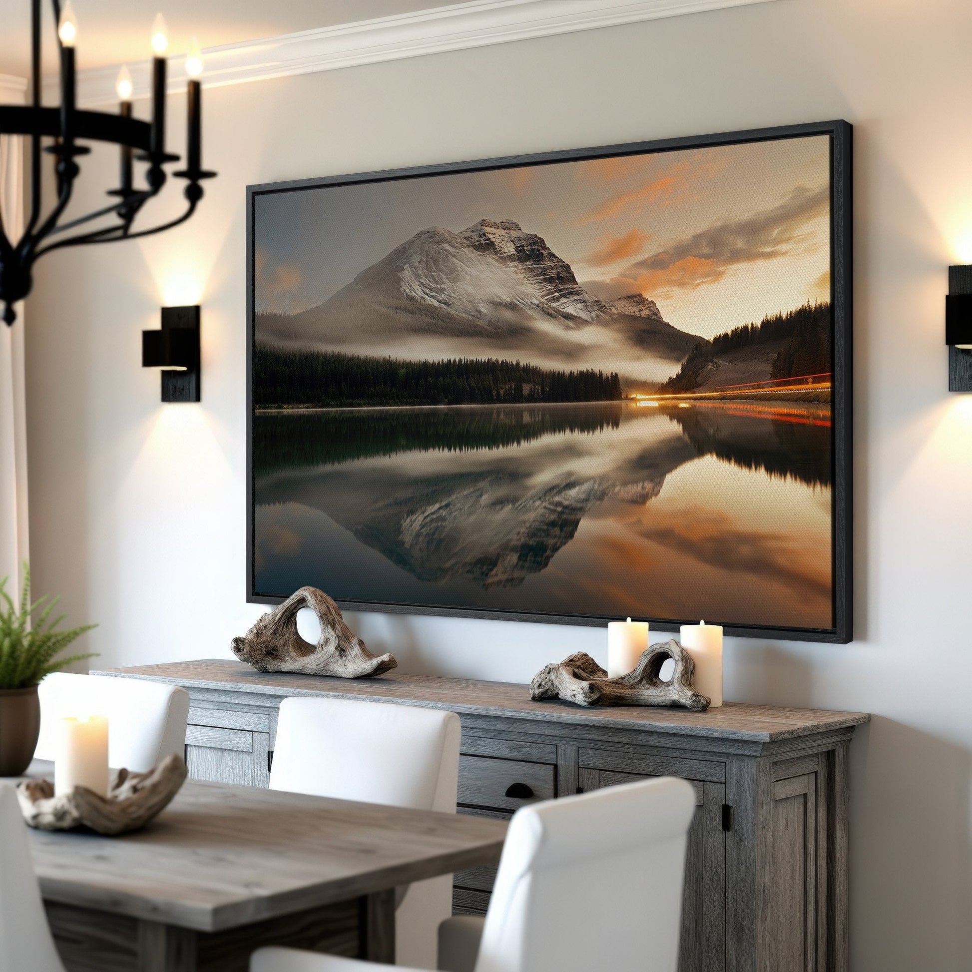 Mountain Lake and Fog at Sunset Canvas Print in Banff