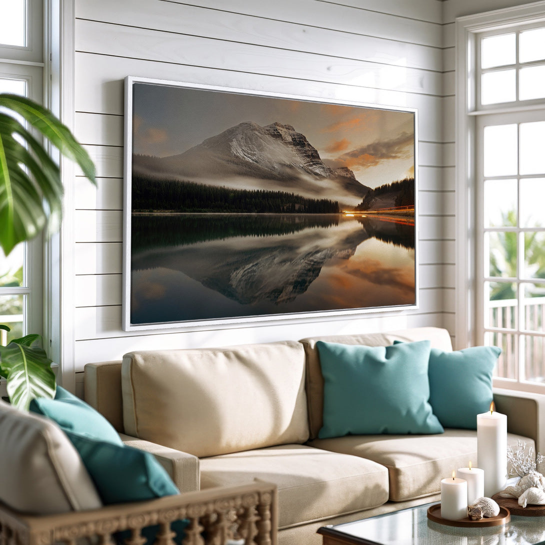 Framed Wall Art featuring a mountain landscape in warm, earthy tones. Adds a serene touch to any living room. Nature-inspired decor for a cozy home.