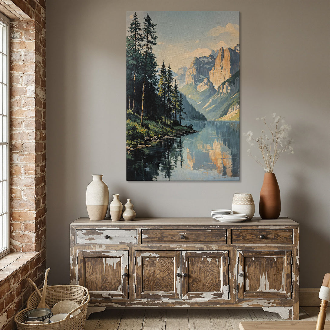 Framed Wall Art featuring a serene mountain lake scene. Earth-toned color palette with blues, greens, and golds. Perfect for adding a touch of nature to your home.