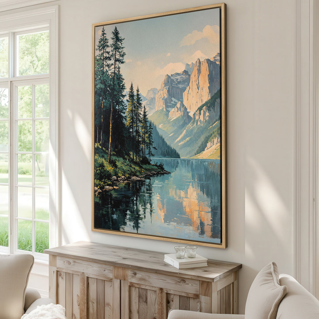 Framed Wall Art featuring a serene mountain lake scene. The painting's style is impressionistic with a calming blue, green, and gold color palette, perfect for a living room.
