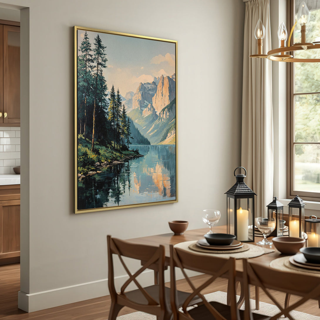 Canvas Print of a serene mountain lake landscape in a neutral color palette, perfect for adding a touch of nature to any room.