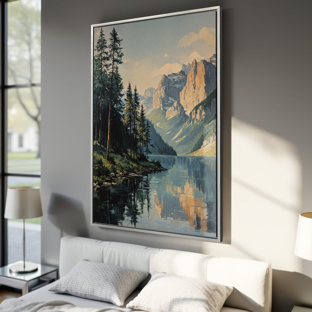 Framed Wall Art: Mountain lake landscape Canvas Print in a bedroom. Features a serene, impressionistic style with blue, green, and beige tones. Perfect for home decor!