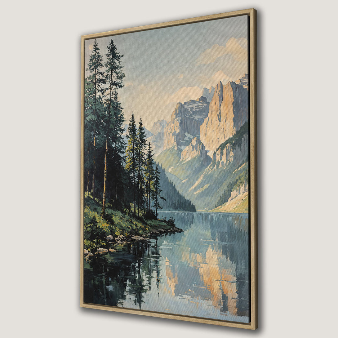 Framed Wall Art of a serene mountain lake landscape. Earthy tones of green, blue, and gold create a calming, vintage-inspired feel. Perfect for adding nature's beauty to your space.