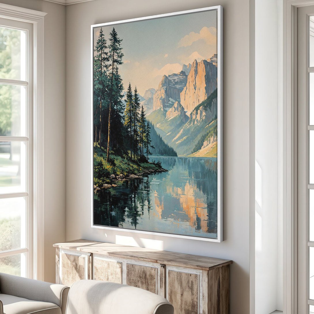 Canvas Print of a serene mountain lake scene in a soft, painterly style with a calming blue and green color palette. Perfect wall art for any space!
