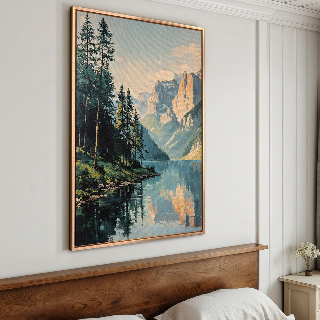 Framed Wall Art: Serene landscape Canvas Print with a tranquil lake scene, featuring a cool blue and green color palette. Perfect for adding a calming touch to any room.