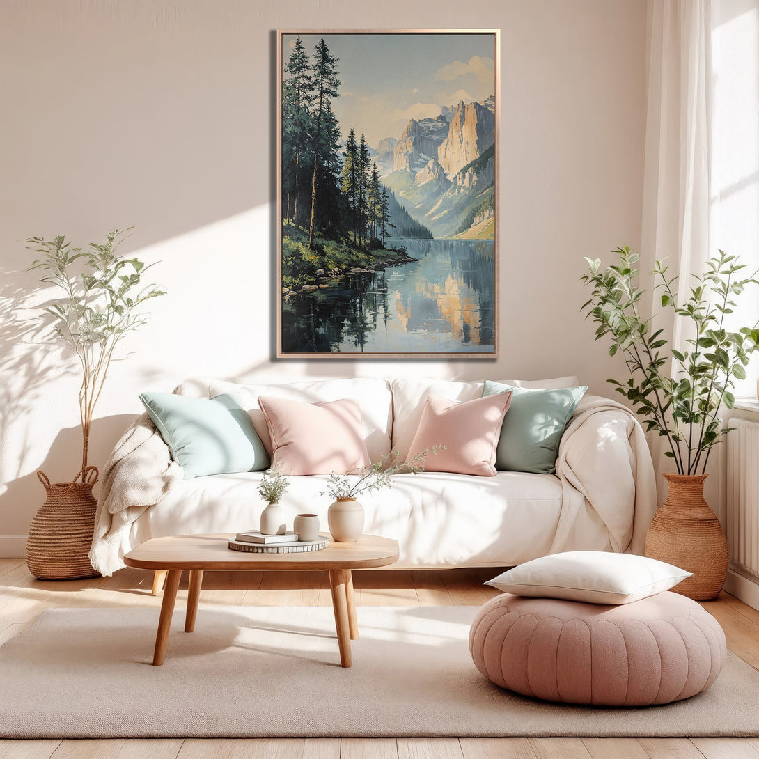 Framed Wall Art: Serene landscape Canvas Print in a living room. Features a mountain lake scene with a soft, neutral color palette, perfect for adding tranquility to your space.