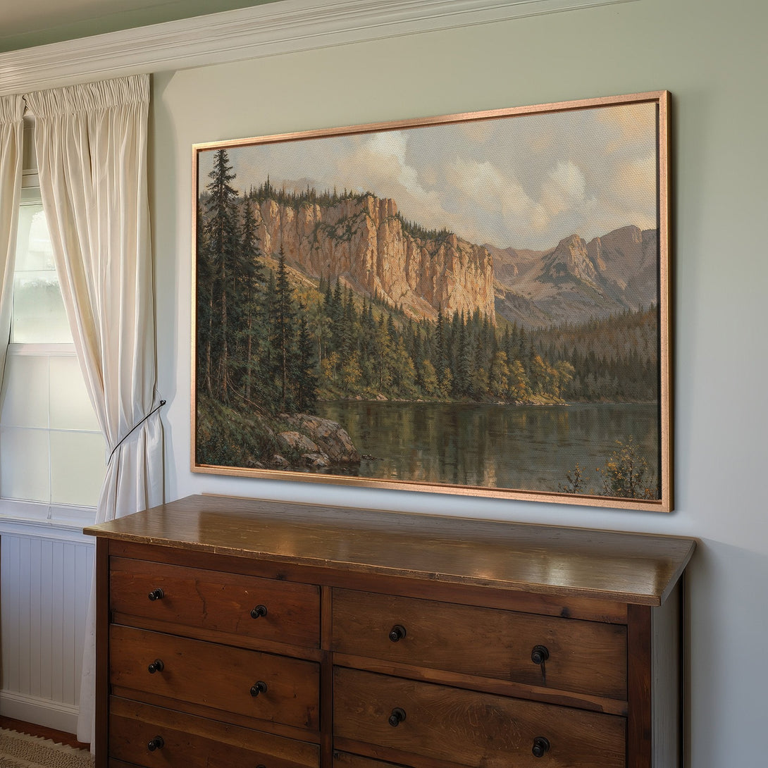 Framed Wall Art: Majestic mountain landscape Canvas Print. Classic style with warm earth tones and serene lake. Elevate your home decor with this stunning artwork.