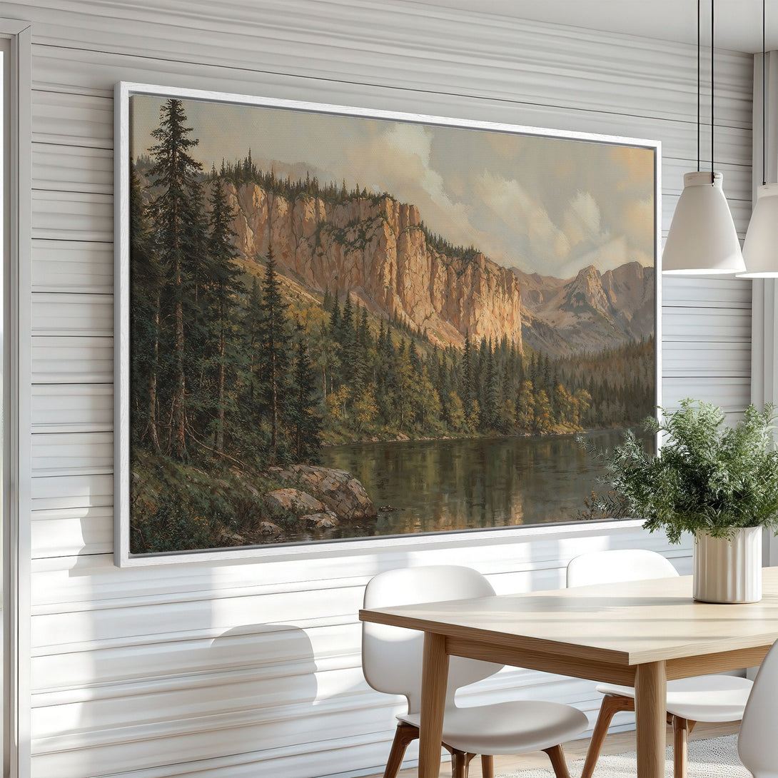 Framed Wall Art: Landscape Canvas Print of a mountain scene with a lake, featuring warm earthy tones and a classic style. Perfect for home decor.