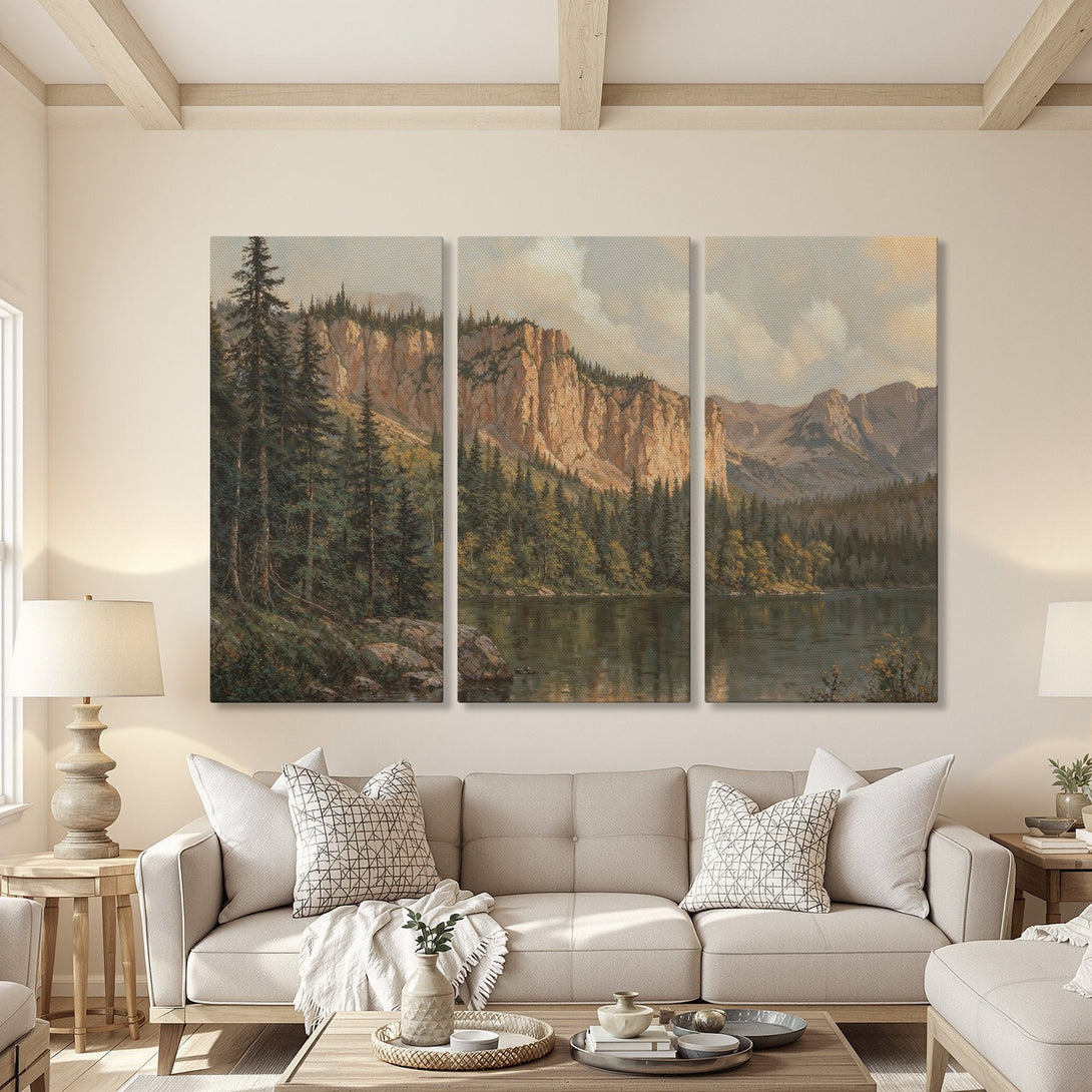 Canvas Print triptych of a serene mountain landscape with a muted, earthy color palette. Perfect for adding a touch of nature to your home decor.