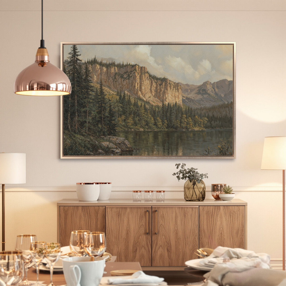 Framed Wall Art: Landscape Canvas Print featuring a mountain lake scene in earthy tones, perfect for adding a touch of nature to your space.