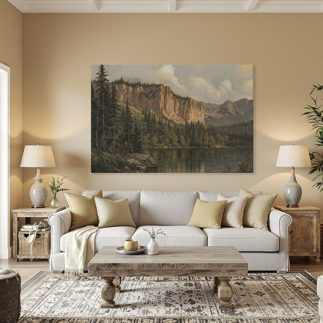 Framed Wall Art: Mountain landscape Canvas Print in warm tones. Perfect for adding a touch of nature to your home decor.