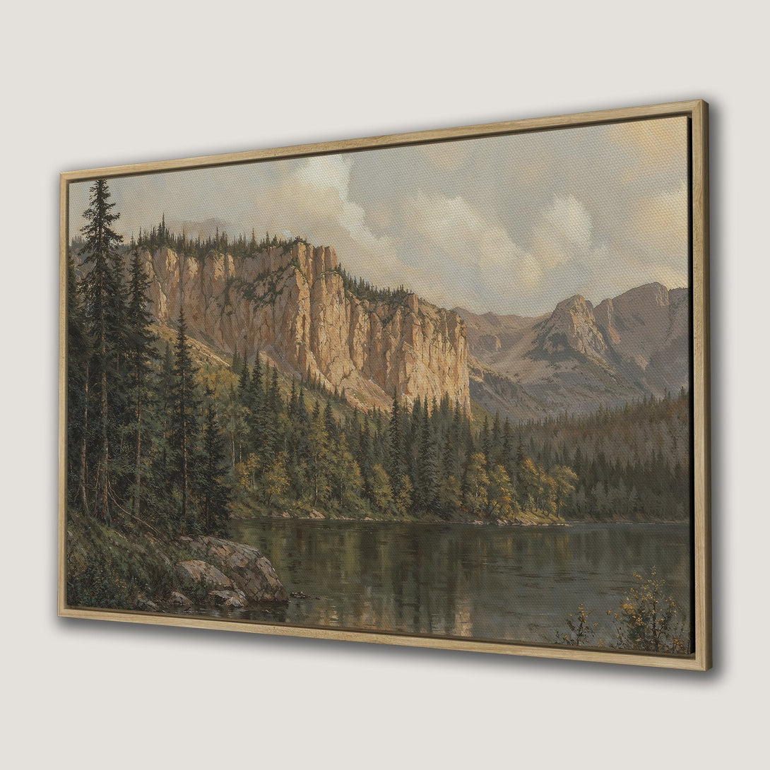 Canvas Print of a serene mountain landscape painting in a classic style, featuring a lake and forest with a muted green and brown color palette.