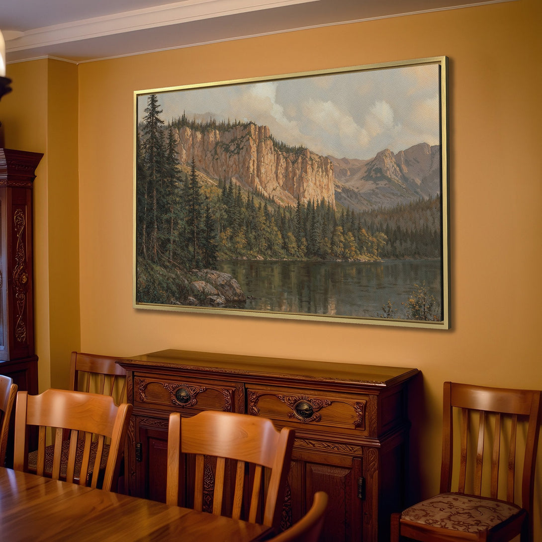Canvas Print of a serene landscape painting, featuring a lake and mountains. Warm, earthy color palette in a classic style. Perfect for home decor.