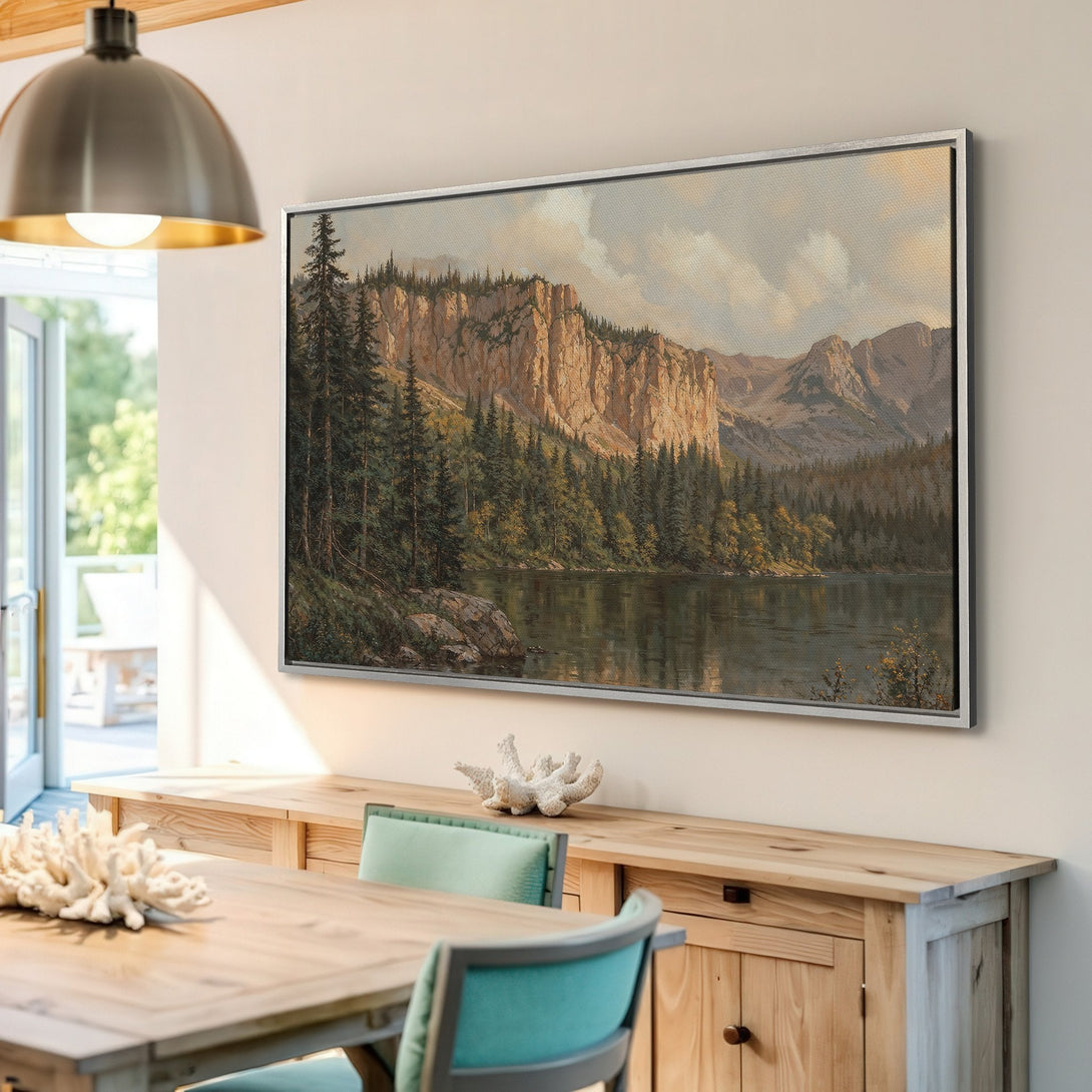 Framed Wall Art: Landscape painting of mountains and lake in a neutral color palette. Enhance your home decor with this stunning canvas print!