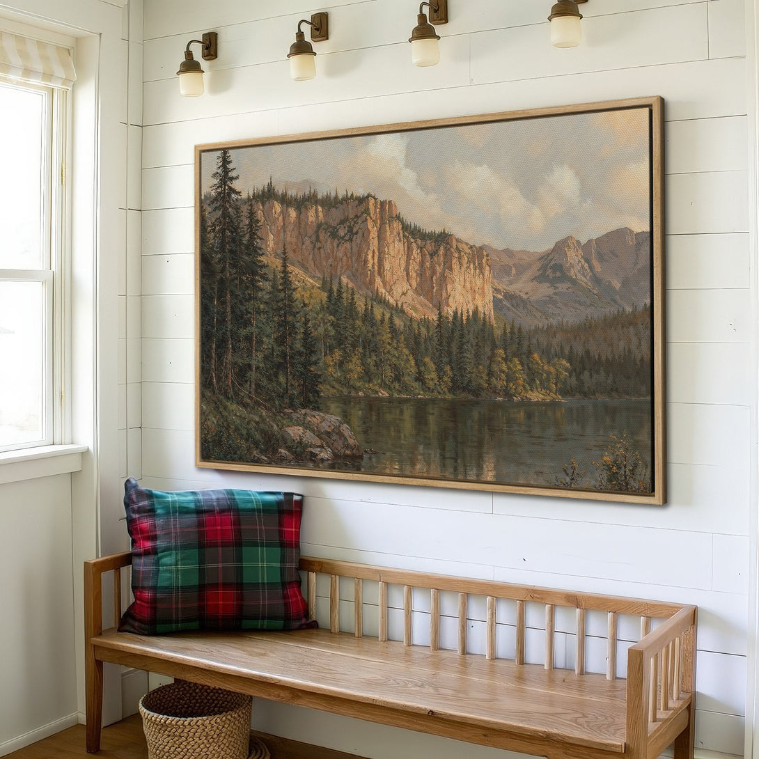 Framed Wall Art showcasing a serene mountain landscape in a vintage style. Earthy tones of green, brown, and beige create a calming, natural aesthetic. Perfect for home decor!