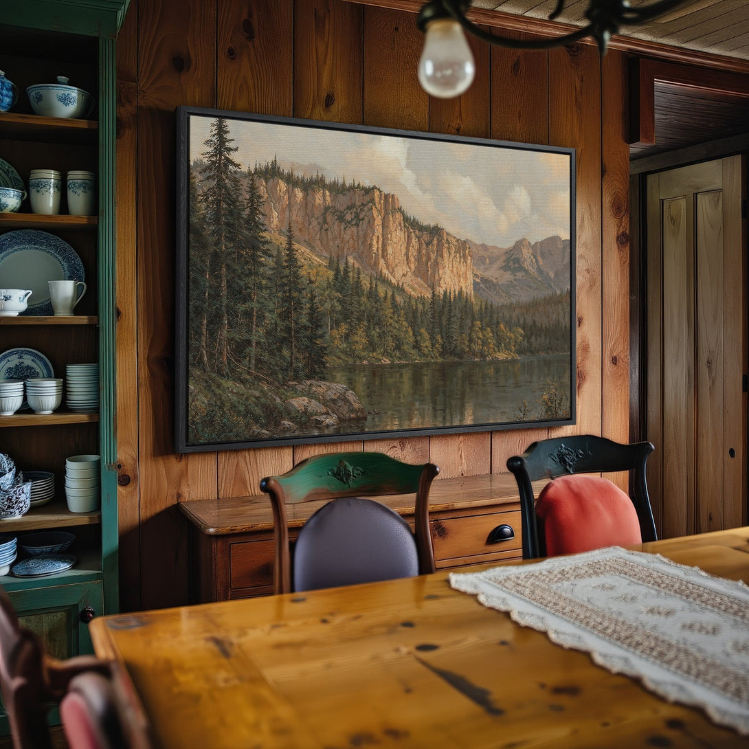 Framed Wall Art: Landscape canvas print with mountain and lake scene. Earthy tones of green, brown, and beige. Perfect for rustic home decor.