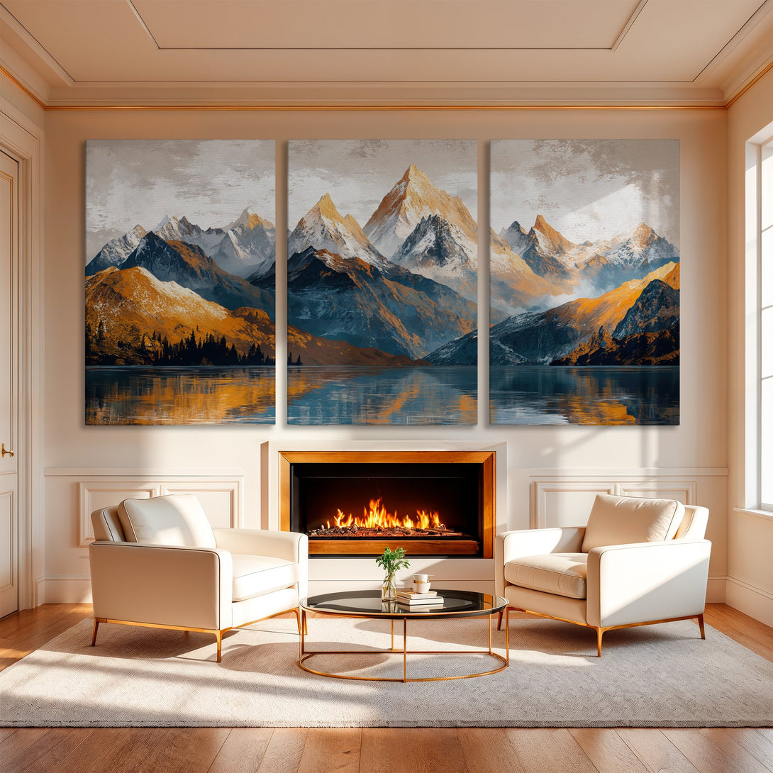Canvas Print of a mountain landscape in a modern interior. Features a warm color palette of gold, blue, and gray. Perfect wall decor!