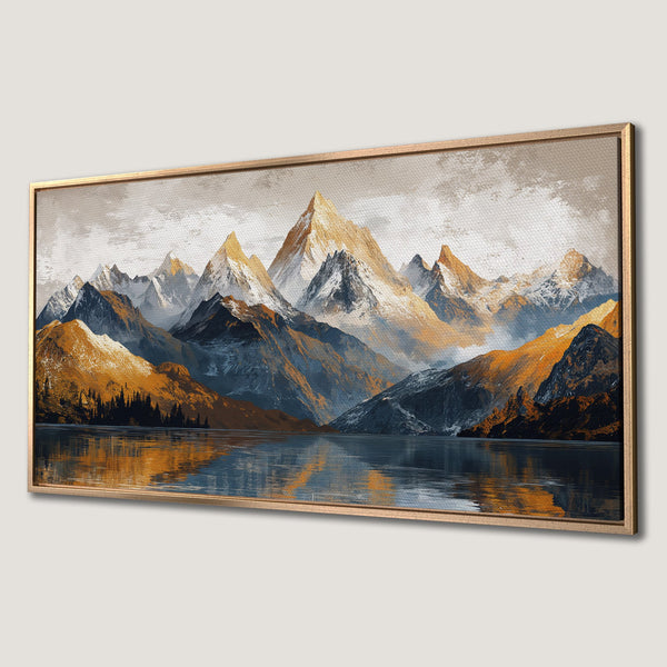 Framed Wall Art: Stunning mountain landscape Canvas Print. Warm gold, blue, and gray tones create a serene, modern art piece for your home decor.