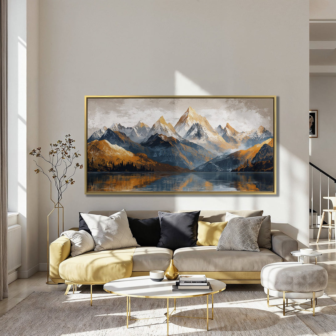 Canvas Print of a majestic mountain landscape in warm gold and blue tones, perfect for adding a touch of nature to your home.