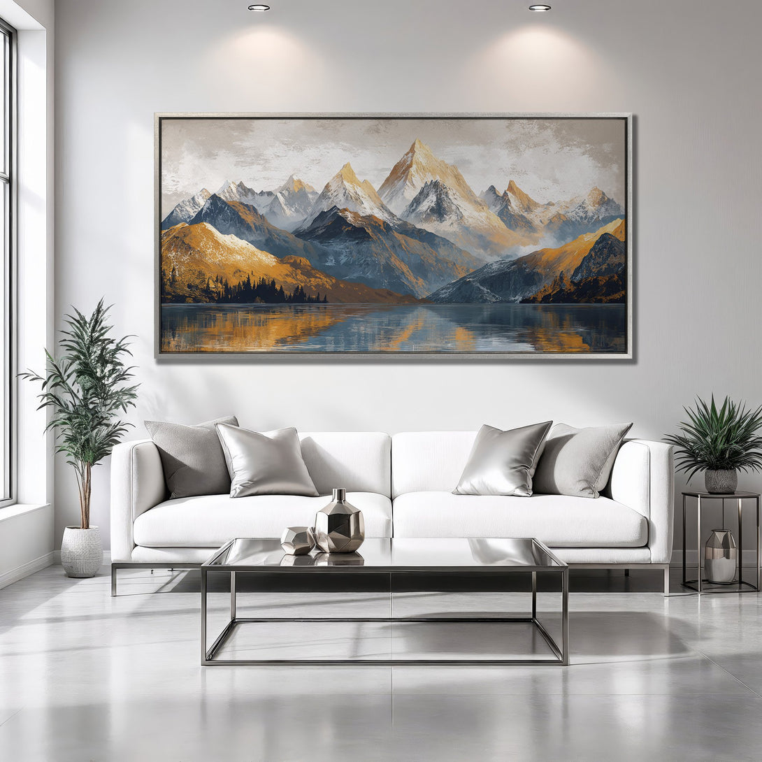 Framed Wall Art: Stunning mountain landscape canvas print in gold, grey, and blue hues. Perfect for modern home decor. Shop now!