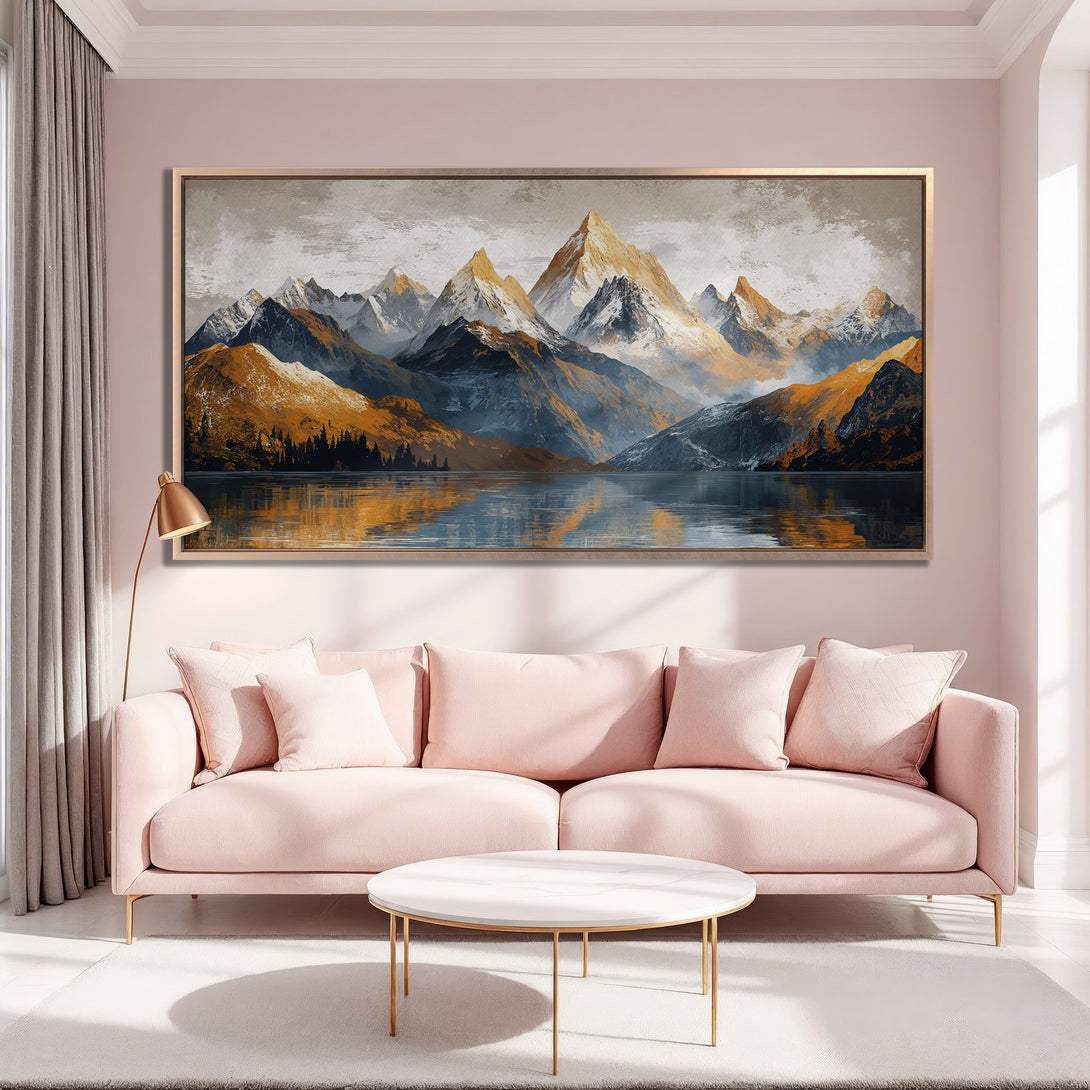 Framed Wall Art: Majestic mountain landscape canvas print with warm gold, blue, and gray tones. Elevate your space with this stunning artwork!