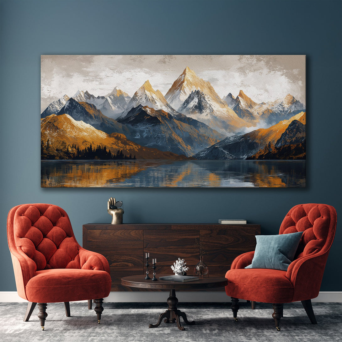 Framed Wall Art: Mountain landscape canvas print in warm gold, blue, and gray tones. Perfect for adding a touch of nature to your living room.