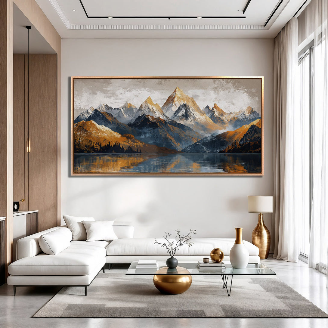 Framed Wall Art: Stunning mountain landscape Canvas Print in warm gold and blue tones, perfect for modern interior decor.