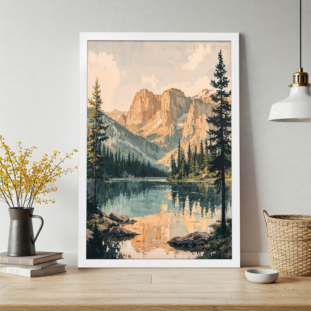 Framed Poster of a serene mountain lake landscape in a warm, earthy color palette. Perfect for adding a touch of nature to your decor.