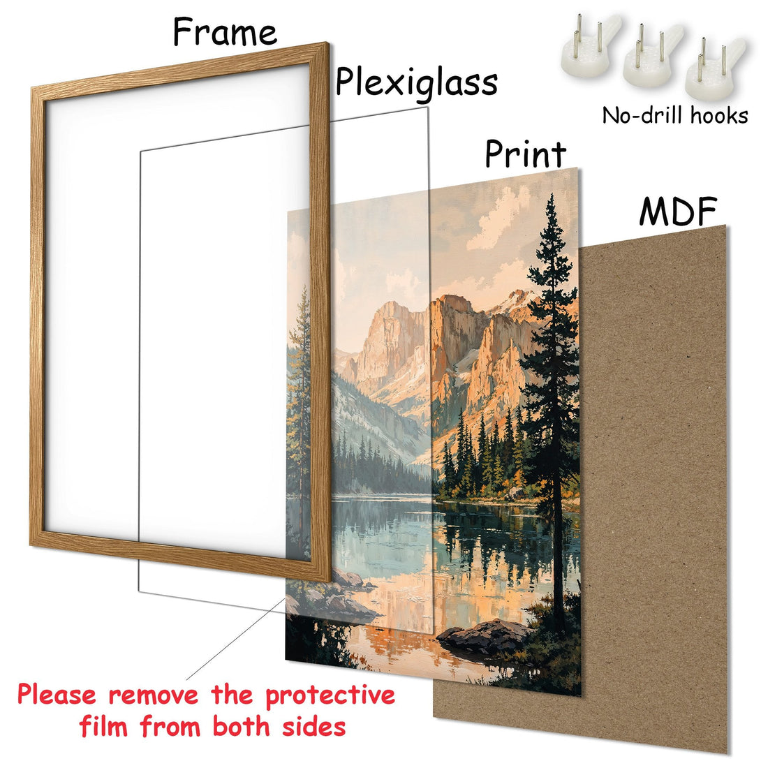 Framed Poster of a mountain landscape in warm tones. Featuring a serene lake and forest. Perfect wall art for your home!