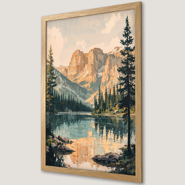 Framed Poster of a serene mountain lake scene. Warm color palette with a vintage art style, perfect for adding a touch of nature to your space.