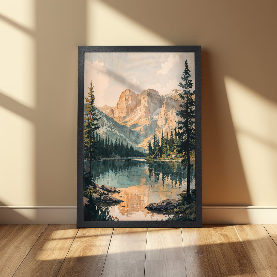 Framed Poster featuring a serene mountain lake landscape in a painterly style with a warm, natural color palette. Perfect wall art!