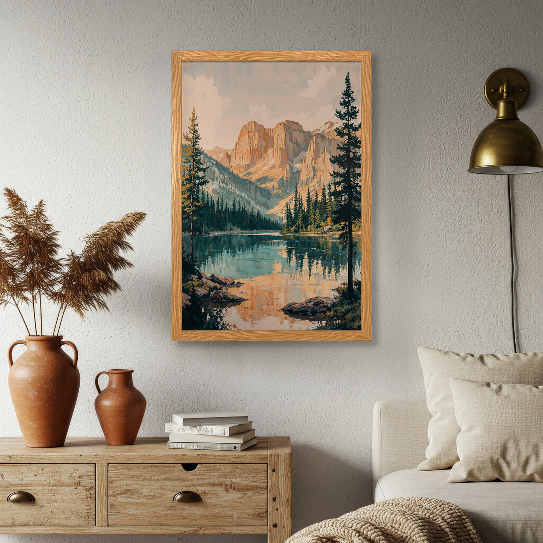 Framed Poster featuring a serene mountain lake scene. Earthy tones and a calming style perfect for any room. Add nature's beauty to your walls!