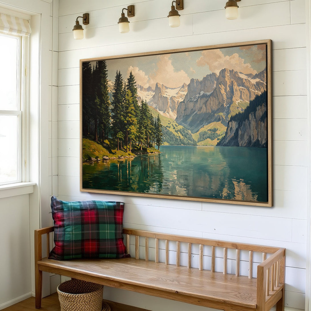 Framed Wall Art: Mountain lake landscape in blue, green, and brown tones. Rustic canvas print for home decor.