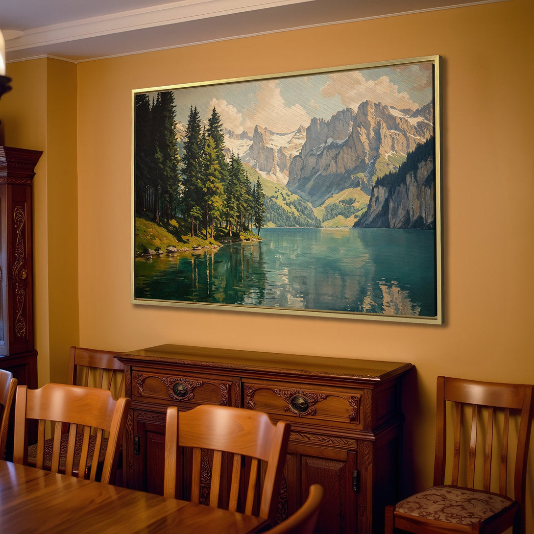 Canvas Print of a serene mountain lake landscape in a warm, neutral-toned interior. Features a calming blue, green, and brown color palette.