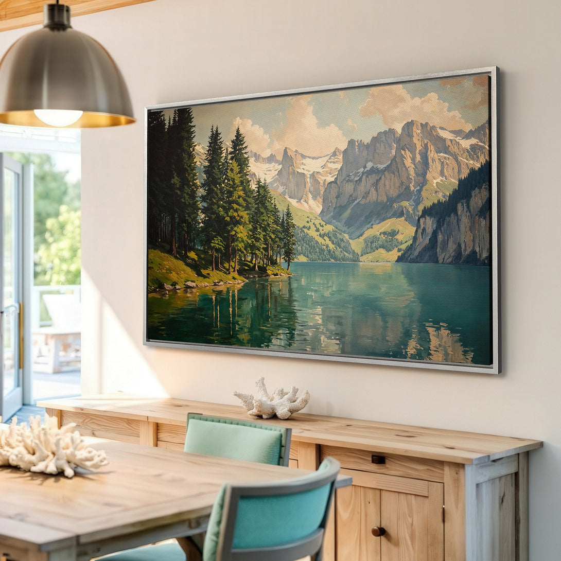 Framed Wall Art: Mountain lake landscape canvas print in a dining room. Earthy tones and serene style for home decor.