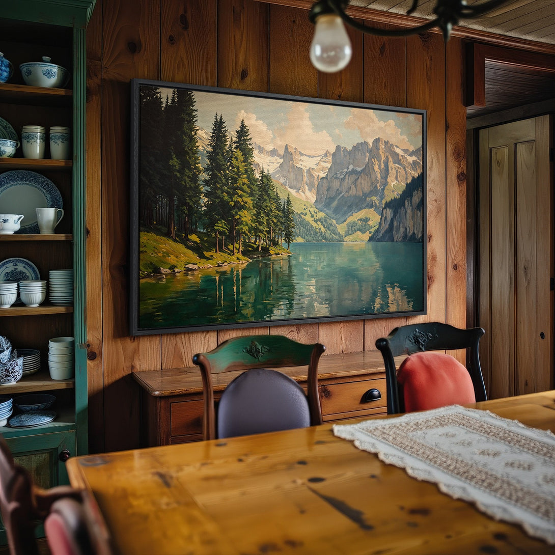Framed Wall Art Canvas Print: Landscape painting of a lake and mountains in a rustic interior. Earthy tones and cool blues create a serene atmosphere.