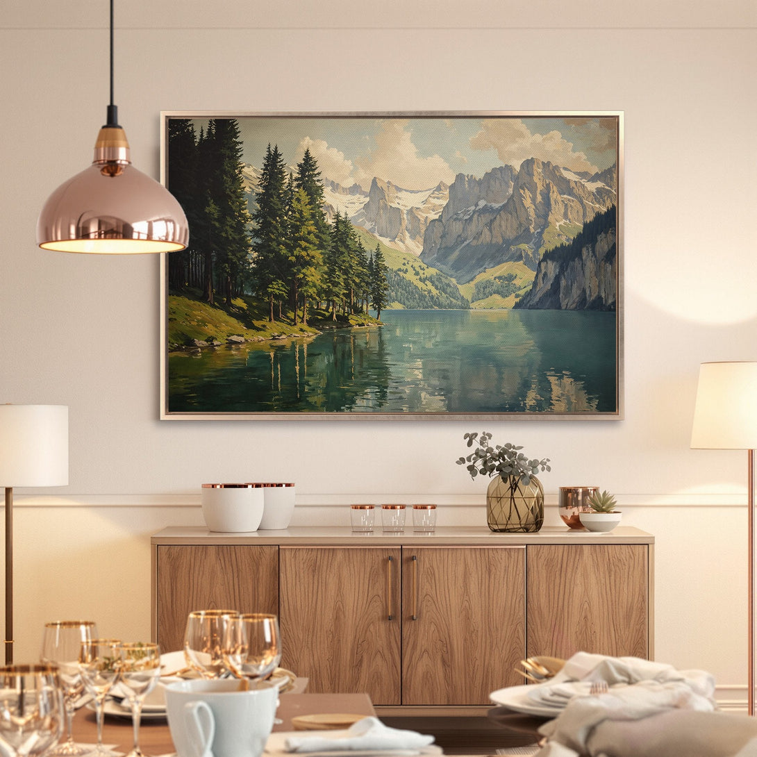 Framed Wall Art of a serene lake and mountain landscape in cool blues and greens. Perfect for adding a touch of nature to your home decor.