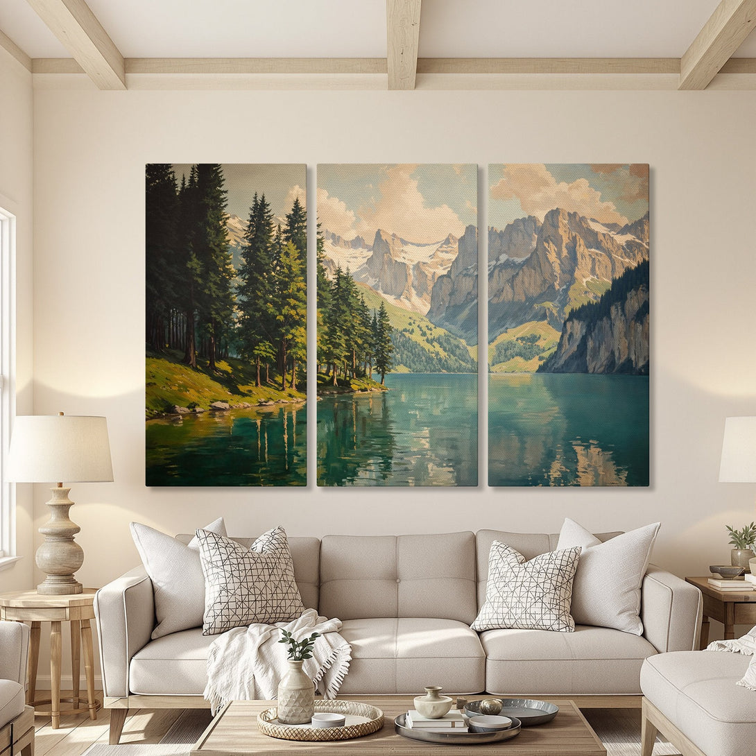 Canvas Print triptych of a serene lake and mountain landscape. Warm, neutral color palette with green and blue tones. Perfect wall art for any room.