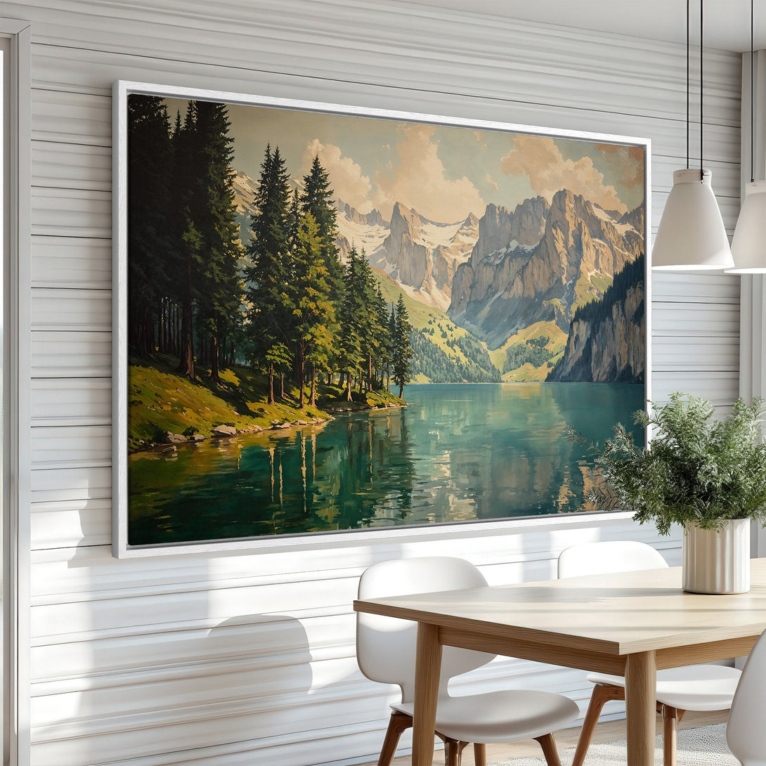 Framed Wall Art featuring a serene lake landscape with mountains, trees, and a tranquil teal and green color palette, perfect for any home.