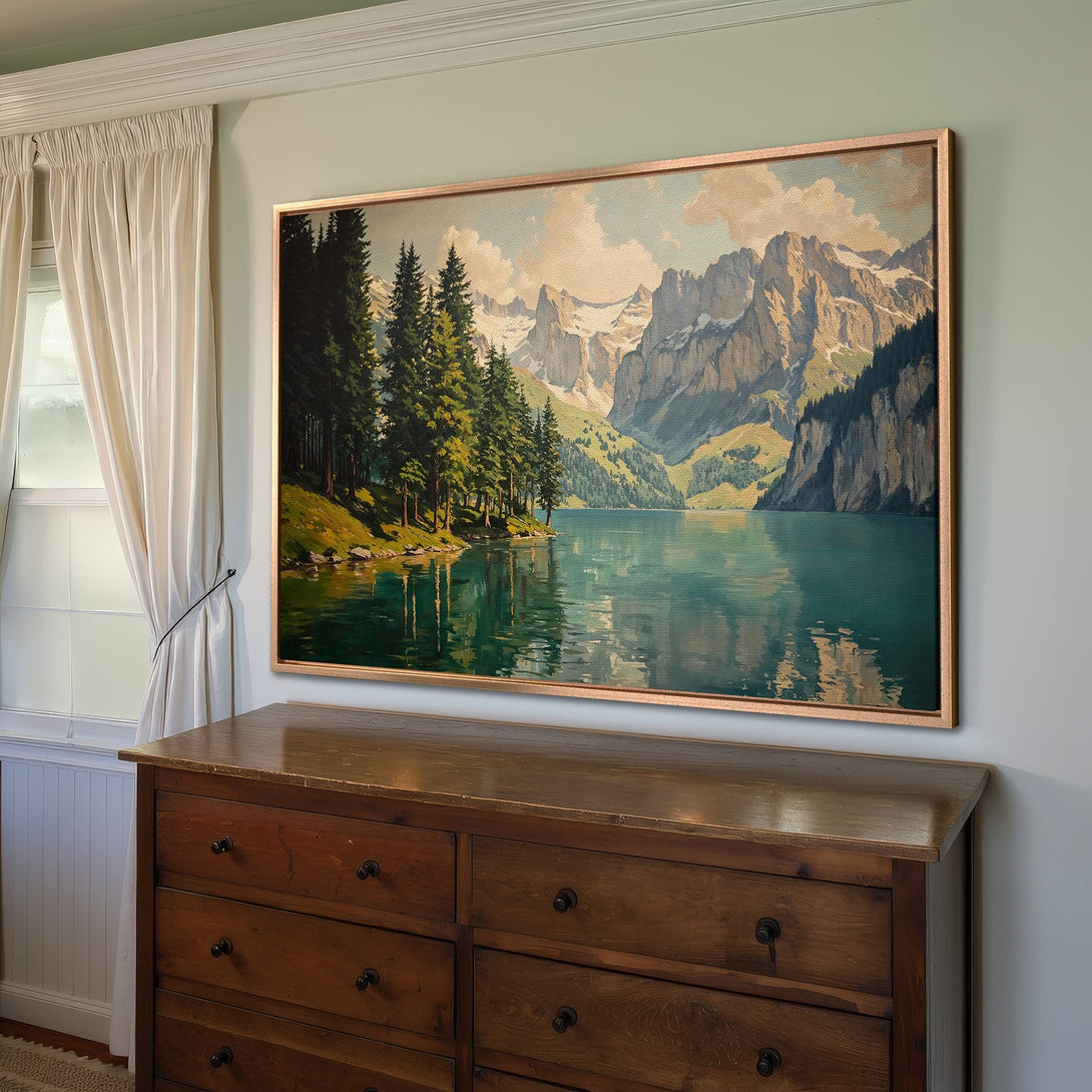Framed Wall Art: Stunning landscape Canvas Print featuring a serene lake scene with mountains, trees, and a cool, calming color palette. Perfect for any home!