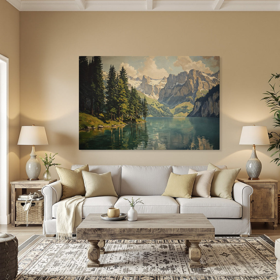 Framed Wall Art: Serene mountain lake landscape canvas print. Earthy tones, tranquil scene, perfect for adding a touch of nature to your home decor.