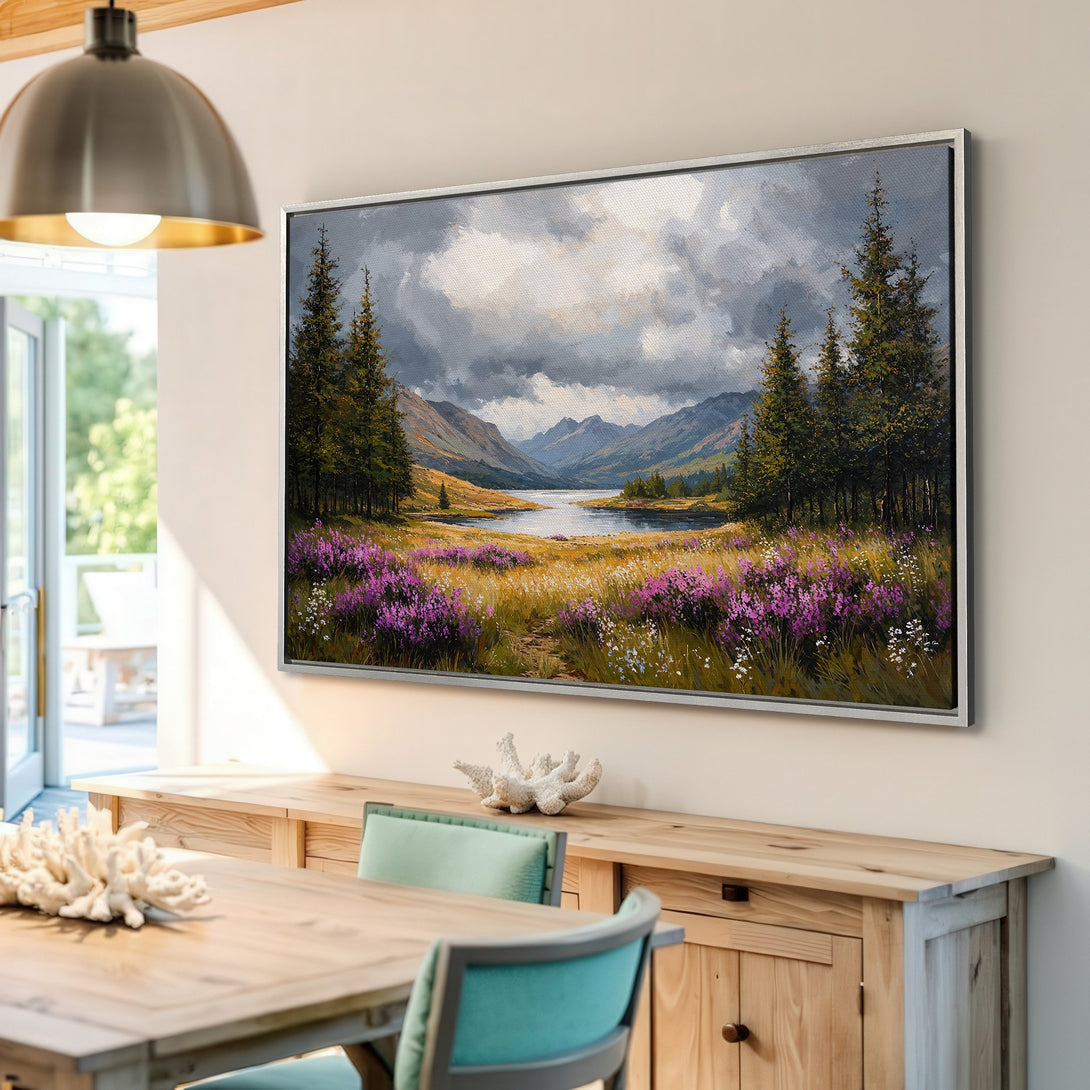 Framed Wall Art: Landscape Canvas Print with mountain lake scene, featuring purple wildflowers. Earthy tones of green, gold, and gray create a serene, natural aesthetic.