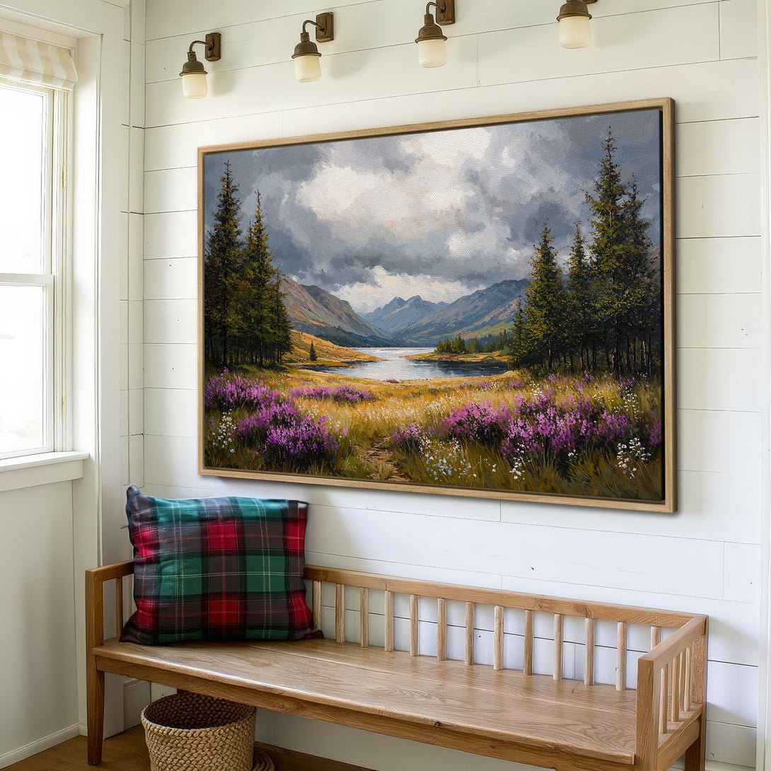 Framed Wall Art: Landscape painting of mountains and lake in a rustic style. Features purple, green, and grey tones. Perfect for home decor.
