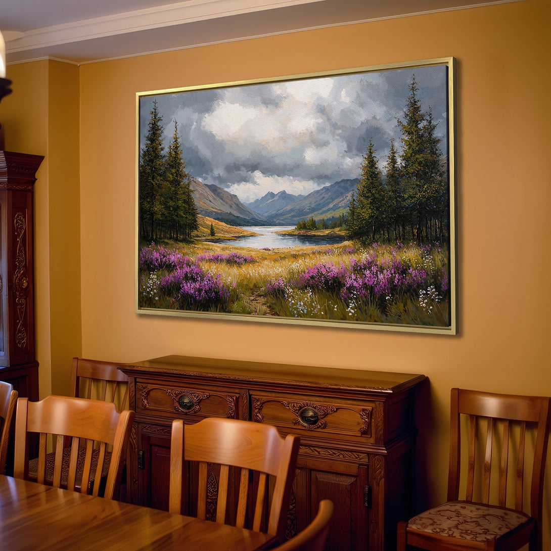Canvas Print of a landscape painting featuring mountains, lake, and wildflowers. Earthy tones with pops of purple, perfect for home decor.