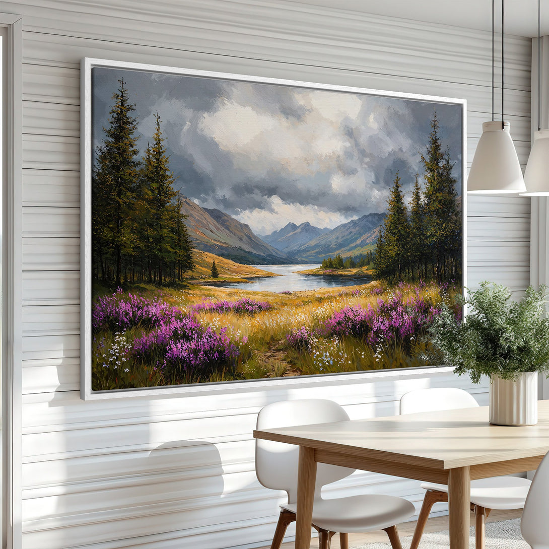 Framed Wall Art: Landscape Canvas Print in a dining room. Features a serene mountain scene with a vibrant color palette of greens, purples, and blues.