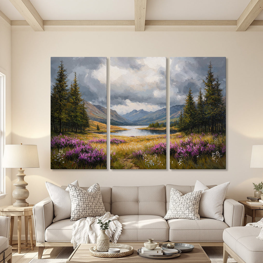 Canvas Print of a serene landscape painting with mountains, lake, and flowers in a neutral and blue color palette. Perfect wall art.